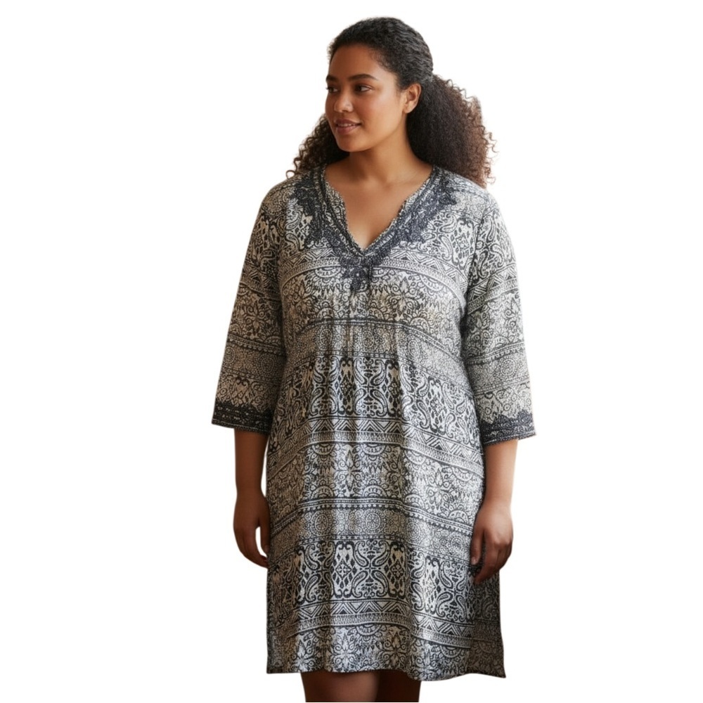 LANDS END PLUS 2X Gray White Batik Mixed Print Embroidered Dress R $119